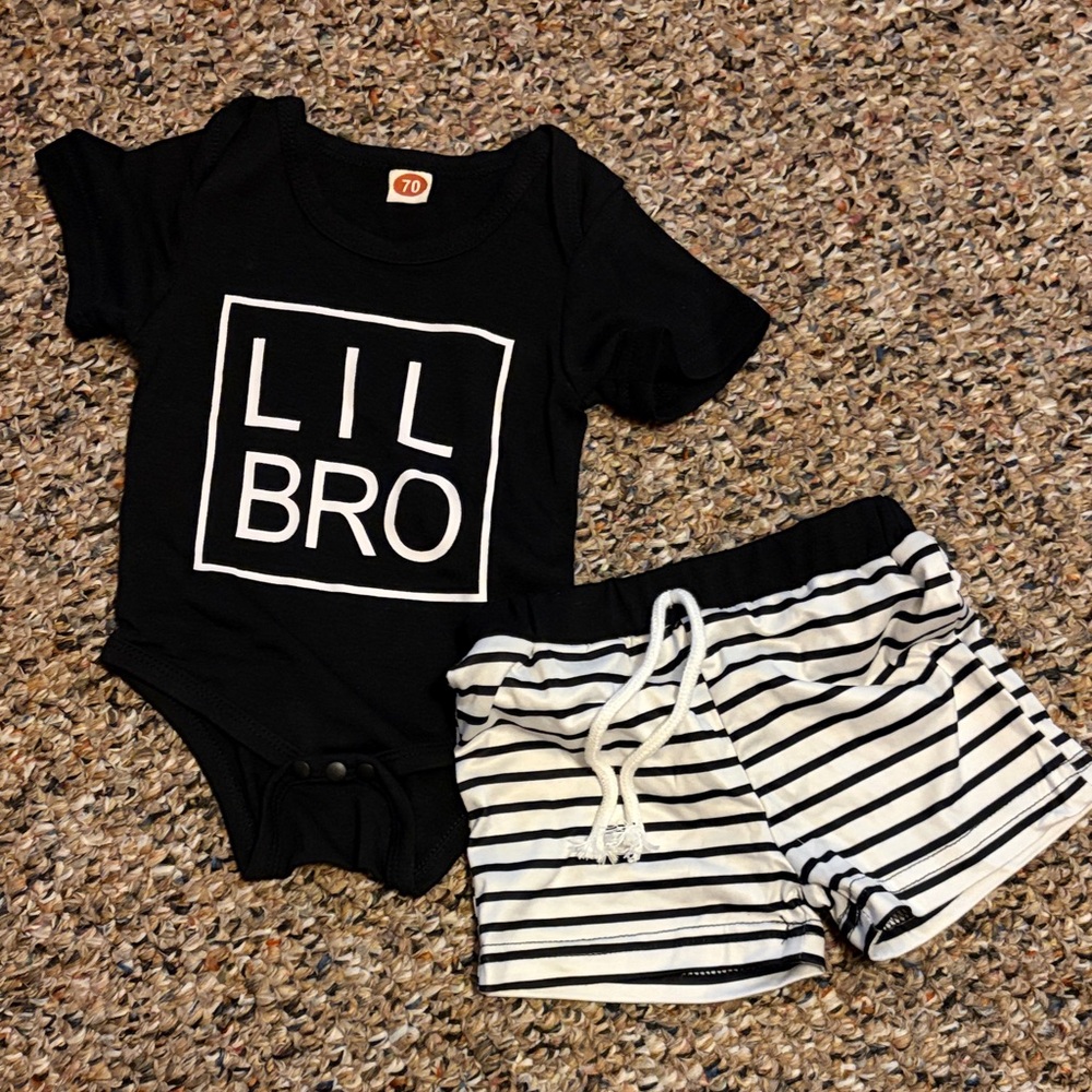 Black 'LIL BRO' Graphic Baby Onesie with Striped Shorts